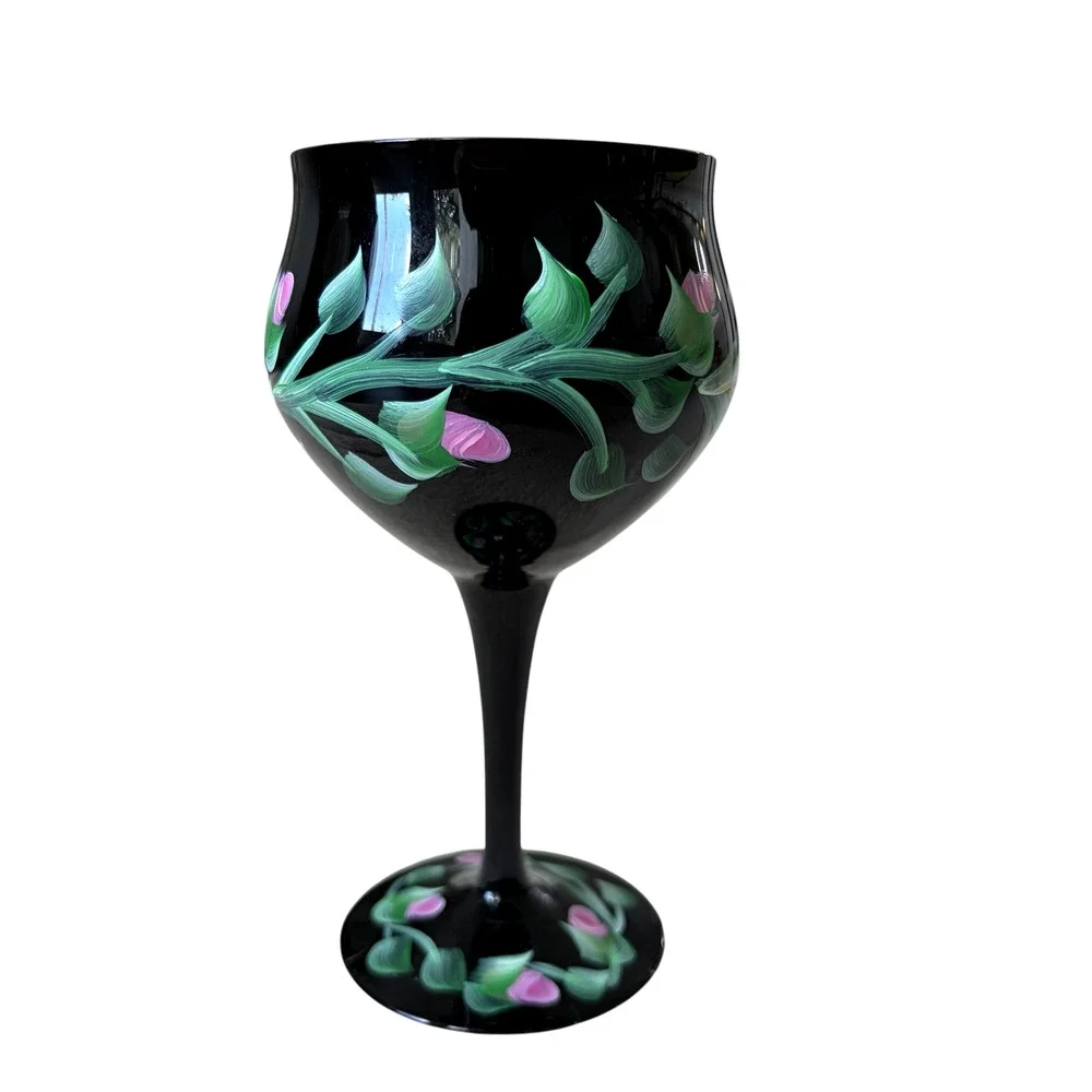 Vintage Hand Painted Floral Black Wine Goblets Set of 2 Chic Barware